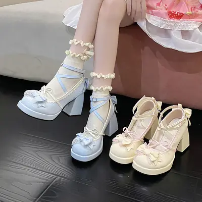 High-heeled shoes lolita thick-heeled platform blue Japanese soft girl sweet cute bow shoes for children