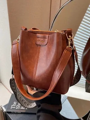 Women's Vintage Brown Leather Bucket Bag Shoulder Messenger