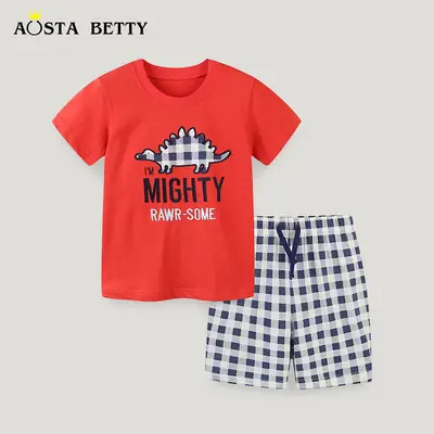 Blue Checkered Crewneck Boys Suit Summer Wear