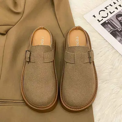 Vintage Brown Buckle Slip-on Shoes for Women 2024