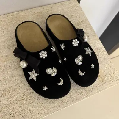 Korean-Style Rhinestone Bow Thick-Soled Closed-Toe Mules 2024 Autumn and Winter Versatile Height-Increasing Birkenstock-Style Breathable Summer Shoes