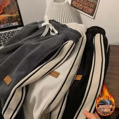 Autumn and Winter fleece-lined Thickened Wei Pants Corduroy Pants Men's Trendy Sports Pants Straight Loose American Casual
