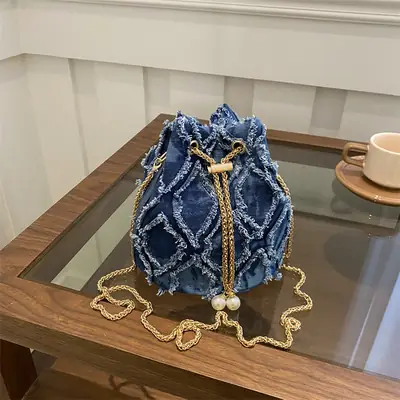 Blue Denim Chain Crossbody Bag for Women 2024