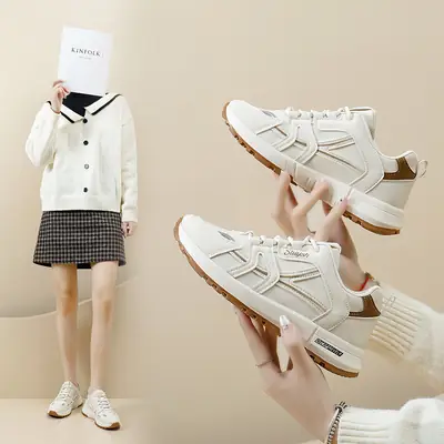 Women's White Casual Running Shoes with Thick Sole