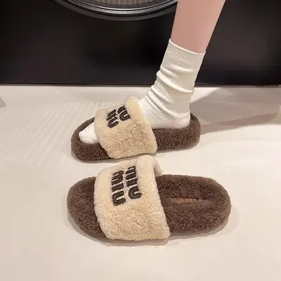 Lamb Wool Fluffy Slippers for Women Winter Wear