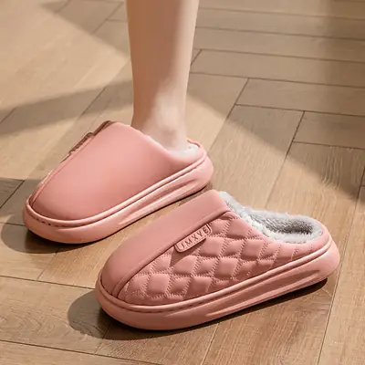 Home cotton slippers waterproof stain-resistant non-slip autumn and winter fleece-lined thickened warm leather cotton slippers for the elderly winter wear