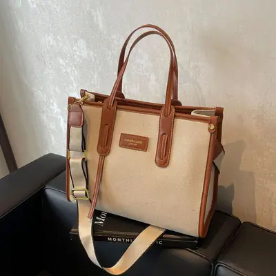 Women's Large Canvas Shoulder Crossbody Bag Beige Black