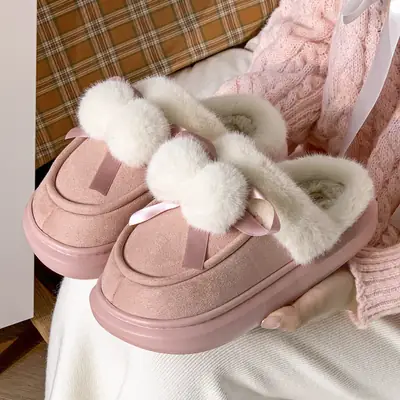 Women's Pink Wool Ball Bow Slippers Winter Warm