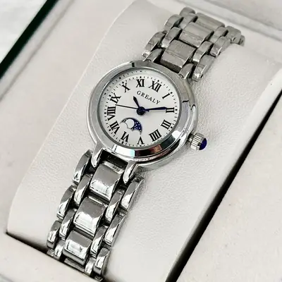 Women's Waterproof Moon Phase Quartz Watch Roman Dial Silver Strap