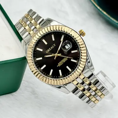Grealy Men's Black Dial Quartz Watch with Gold Steel Band