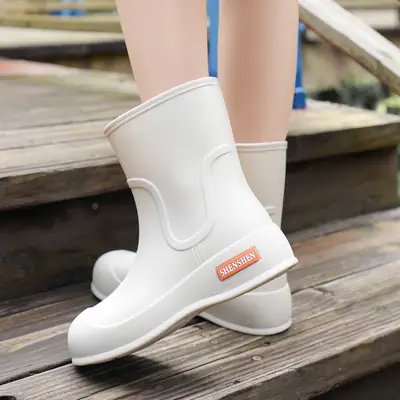 Women Pink Rubber Rain Boots Mid-Calf Thick Padded