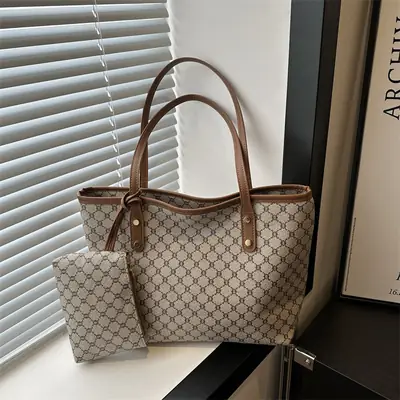 Large Capacity Mother Daughter Tote Bag Plaid Print Brown