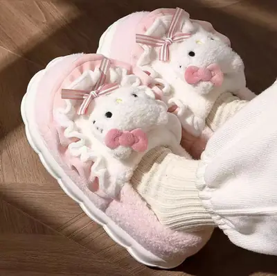 Hellokitty cat cotton slippers ladies winter bag with 2024 new cute fur fleece-lined moon cotton shoes women