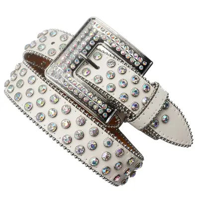 White Rhinestone Square Buckle Belt for Women