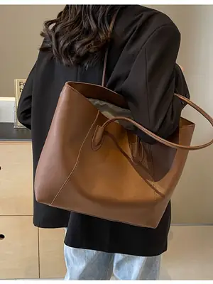 Cross-Border Large Bag Brown Leather Shoulder & Hand Carry
