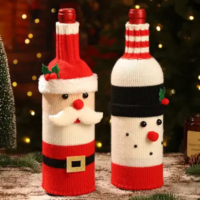 Christmas Knitted Wine Bottle Set Red Santa Design