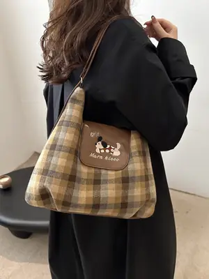 Early Autumn Plaid Dog Cloud Bag Large Capacity College Style Backpack Commuter Tote Bag Shoulder Crossbody Bag