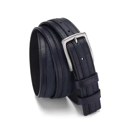 Men Navy Blue Leather Belt with Silver Buckle
