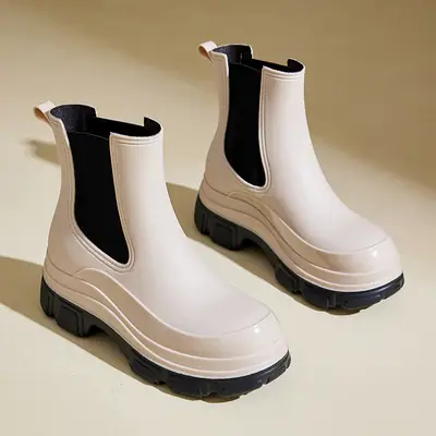 Women Chelsea Rain Boots White Black Waterproof Heightening