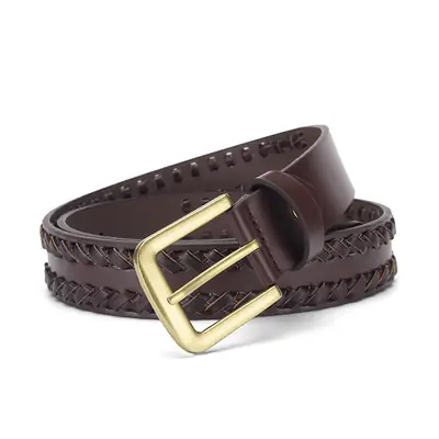 Brown Handwoven Leather Belt with Gold Buckle