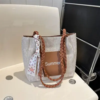 Summer woven tote bag with braided handles