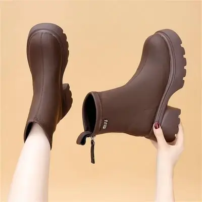 Women's Black Leather Skinny Boots with Thick Bottom & Zipper Closure
