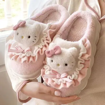 Hellokitty Cat Cotton Slippers Women's Winter Bag Heel 2024 New Cute Plush Fleece-Lined Postpartum Cotton Shoes for Women