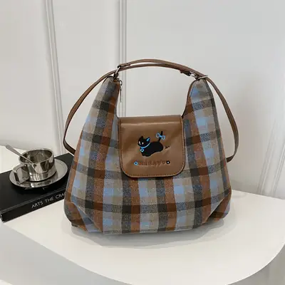 Korean Style Plaid Cartoon Puppy Backpack Bag Women 2024
