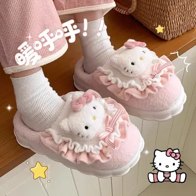 Hellokitty Cat Cotton Slippers Women's Winter Bag Heel 2024 New Cute Plush Fleece-Lined Postpartum Cotton Shoes for Women