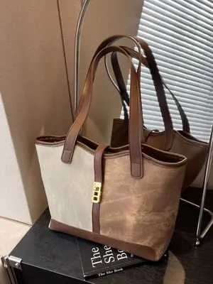 Women Contrast Color Bag Large Capacity Winter Commuter Tote