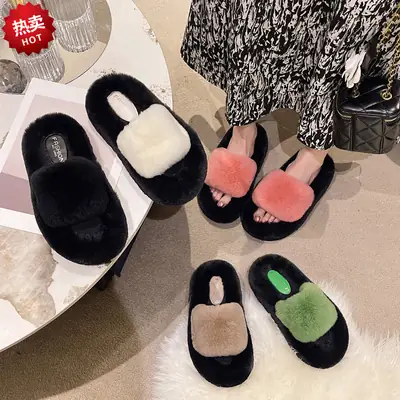 Wear Thick-Soled Real Fur Slippers for Women 2024 Summer and Autumn New Style Indoor Home Air-Conditioned Room Lazy One-Word Cotton Slippers