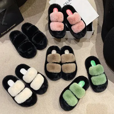 New Color-Blocked Thick-Soled Furry Slippers for Women, Casual Korean Style Parallel-Bar Furry Shoes, Fashionable Home Wear Cotton Slippers for Women