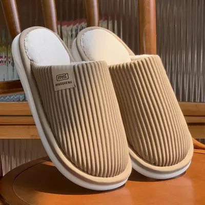 Men's Waterproof Floor Slippers Beige Cotton Autumn Winter