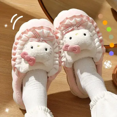 New Winter Plush Cotton Shoes Sanrio Hello Kitty Cute Cyber Celebrity Plush Cotton Slippers Warm Women's Home Slippers