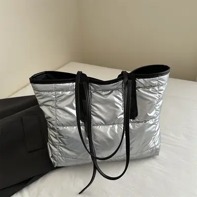 Women's White Puffer Shoulder Bag with Black Straps
