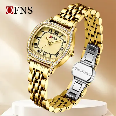 Women's Waterproof Barrel Square Quartz Watch with Diamonds