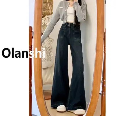 Dark Blue Loose Wide Leg Jeans for Women Plus Size