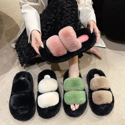 New color matching thick-soled Mao Mao slippers women's casual Korean parallel bars Mao Mao shoes fashion home outdoor cotton slippers women