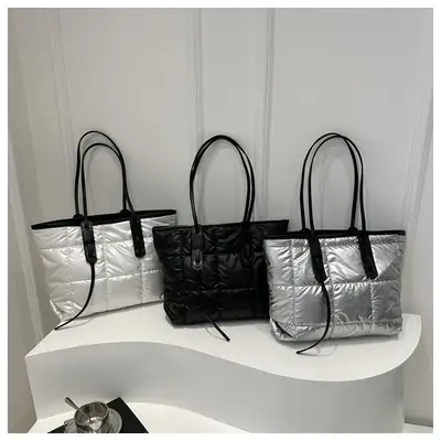 Black Cotton Padded Shoulder Bag Large Capacity