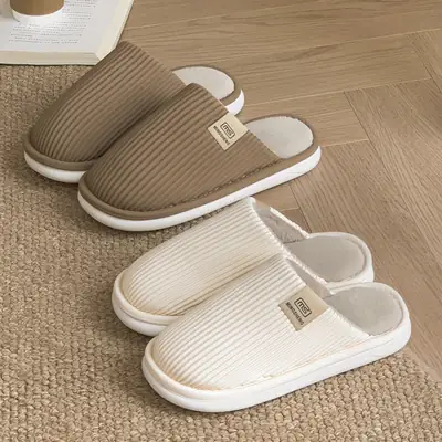 Men's Fleece Lined Striped Slippers Cream Winter Indoor