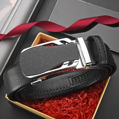 Men's Black Leather Belt with Frosted Buckle 3.5cm
