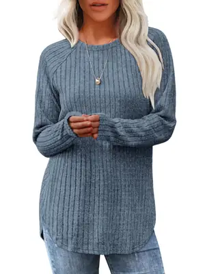 Women's Long Sleeve Ribbed Green Pullover Top