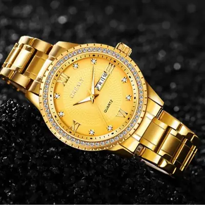 Gold Men's Waterproof Diamond Watch with Dual Calendar