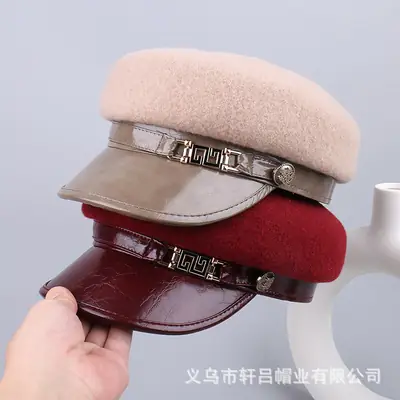 Women's Wool Leather Flat Cap with Buckle
