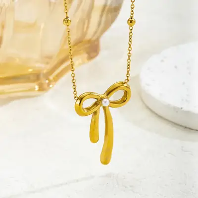 Sweet Real Gold Bow Pendant Necklace for Women