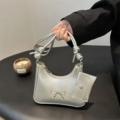Silver Bow Underarm Bag Women Senmeng