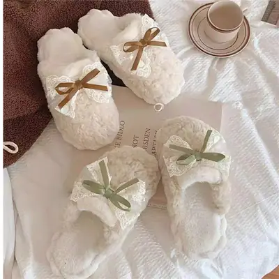 Men and women's indoor warm winter moon shoes Korean fairy style bow fashion new couple cotton slippers