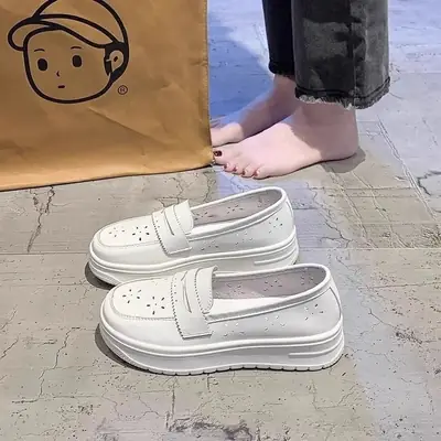 Women's White Thick Slip-on Loafers Spring Autumn Comfortable