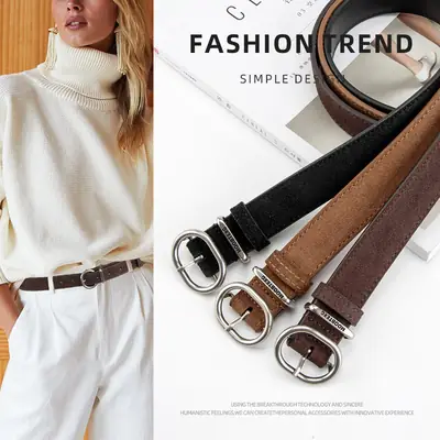 Black Matte Leather Belt with Silver Buckle for Women