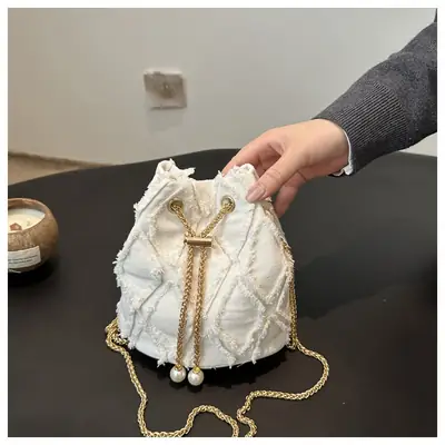 Blue Diamond Embroidered Crossbody Bag with Gold Chain